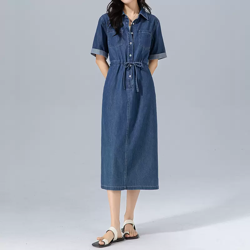 鑫阁天丝棉polo牛仔裙女夏季薄款收腰抽绳休闲显瘦垂感长款连衣裙