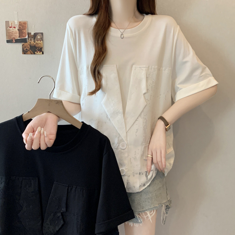 T5C リアルショービッグサイズ婦人服 2025 夏の新デザインニッチスーツ襟ステッチジャカード偽ツーピース痩身|undefined