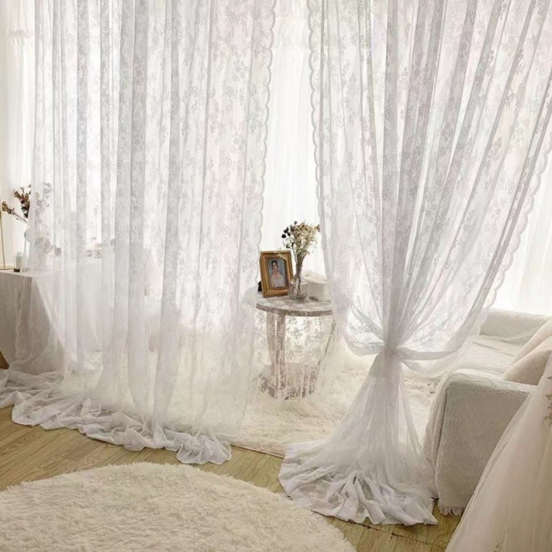 Lace Window Screen White Gauze Curtain Living Room Bedroom Partition American Pastoral Dustproof Short Curtain Light-Transmitting Korean Manor Gauze Curtain