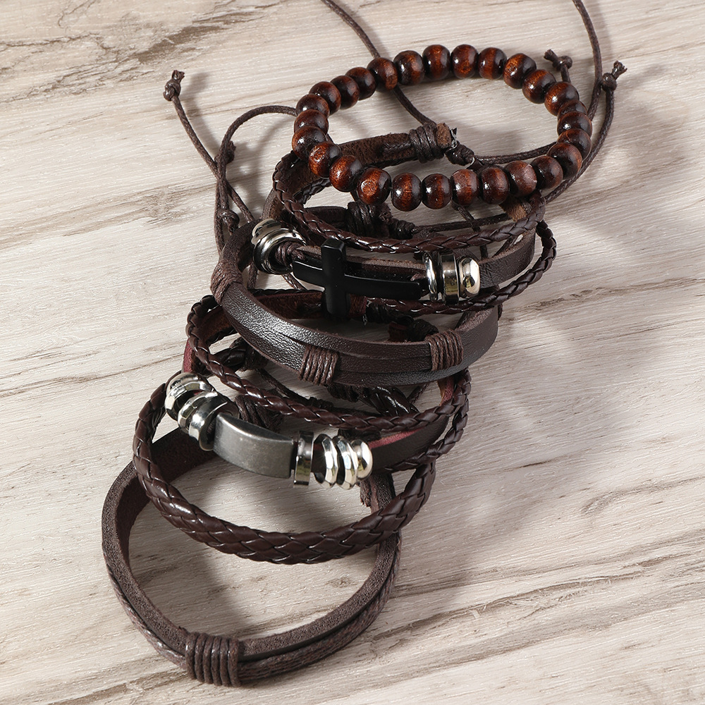 Retro Cross Pu Leather Wooden Beads Handmade Unisex Bracelets display picture 4