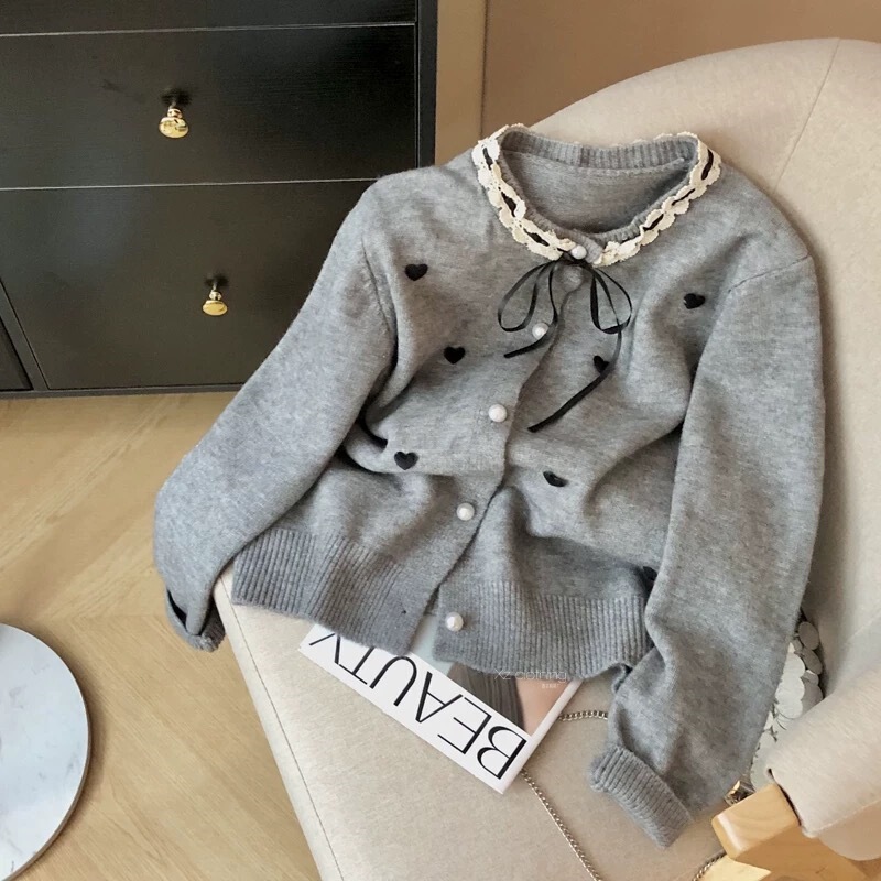 Autumn and Winter New Style Round Neck Love Bow Lace Knitted Cardigan Women's Fashionable Elegant Ladylike Style Sweater Jacket Autumn and Winter New Style Round Neck Love Bow Lace Knitted Cardigan Women's Fashionable Elegant Ladylike Style Sweater Jacket