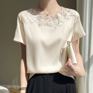 Lace Embroidered Short-Sleeved Tops for Women, Acetate Satin Silk T-Shirts, Loose Large Size Women's Mulberry Silk T-Shirts, New Summer