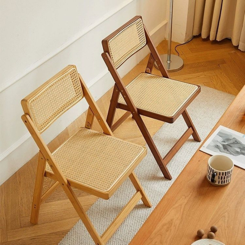 New Wabi-Sabi Style Rattan Chair Nordic Modern Backrest Dining Chair Home Simple Folding Chair Solid Wood Leisure Desk Stool