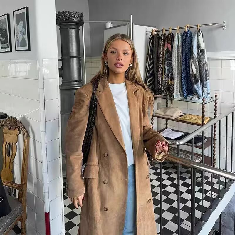 Cross-Border Aliexpress 2026 Spring New Women's Clothing French British Style Design Fashion Retro Suede Trench Coat Cross-Border Aliexpress 2026 Spring New Women's Clothing French British Style Design Fashion Retro Suede Trench Coat