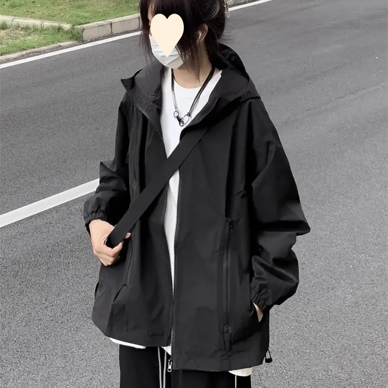 美式黑色冲锋衣外套女春秋新款慵懒风户外骑行宽松休闲工装夹克女