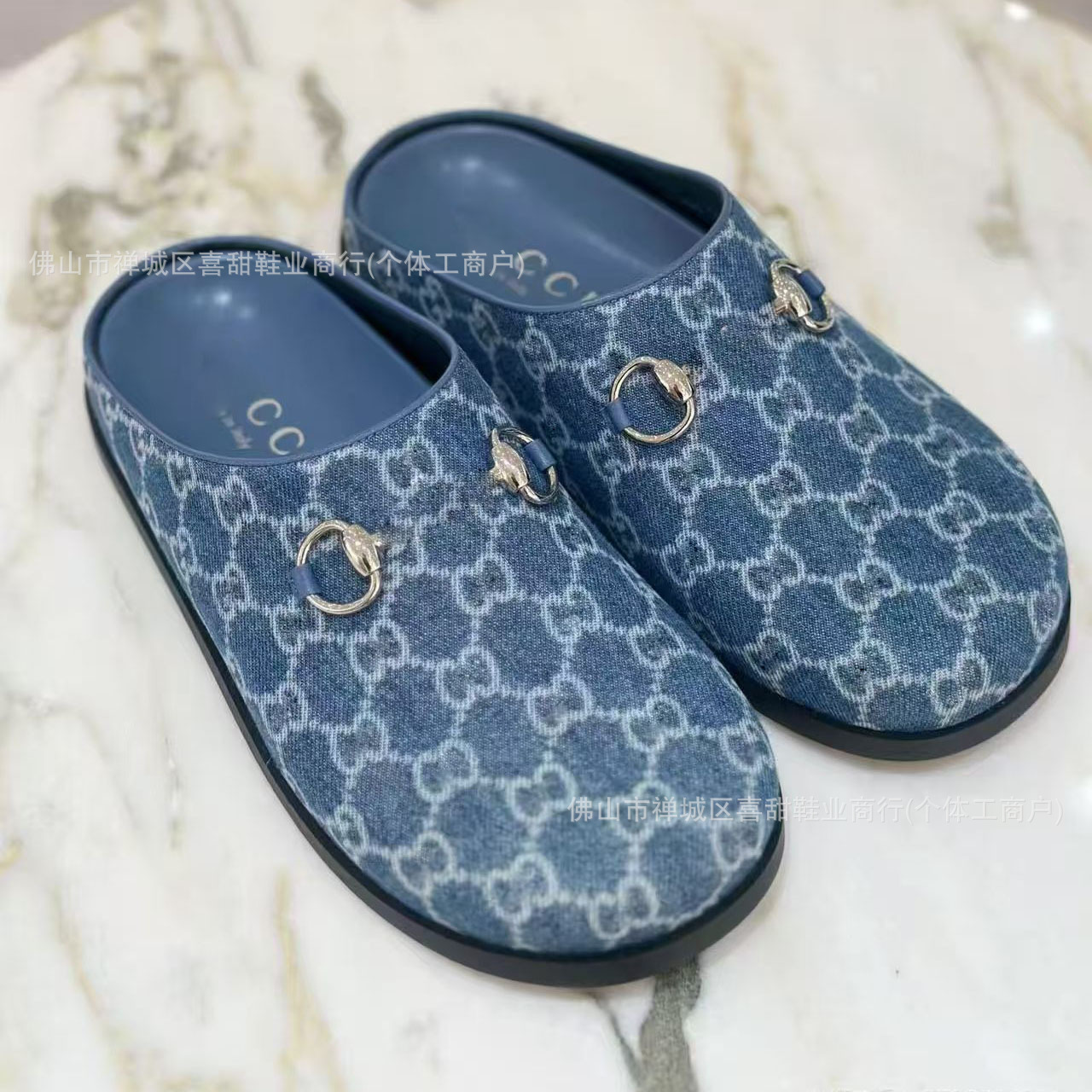 Gucci Horsebit Mules GG Supreme Denim Blue