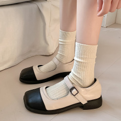 奶白色豎條紋襪子女中筒襪春夏季日系簡約基礎百搭純色暗紋堆堆襪