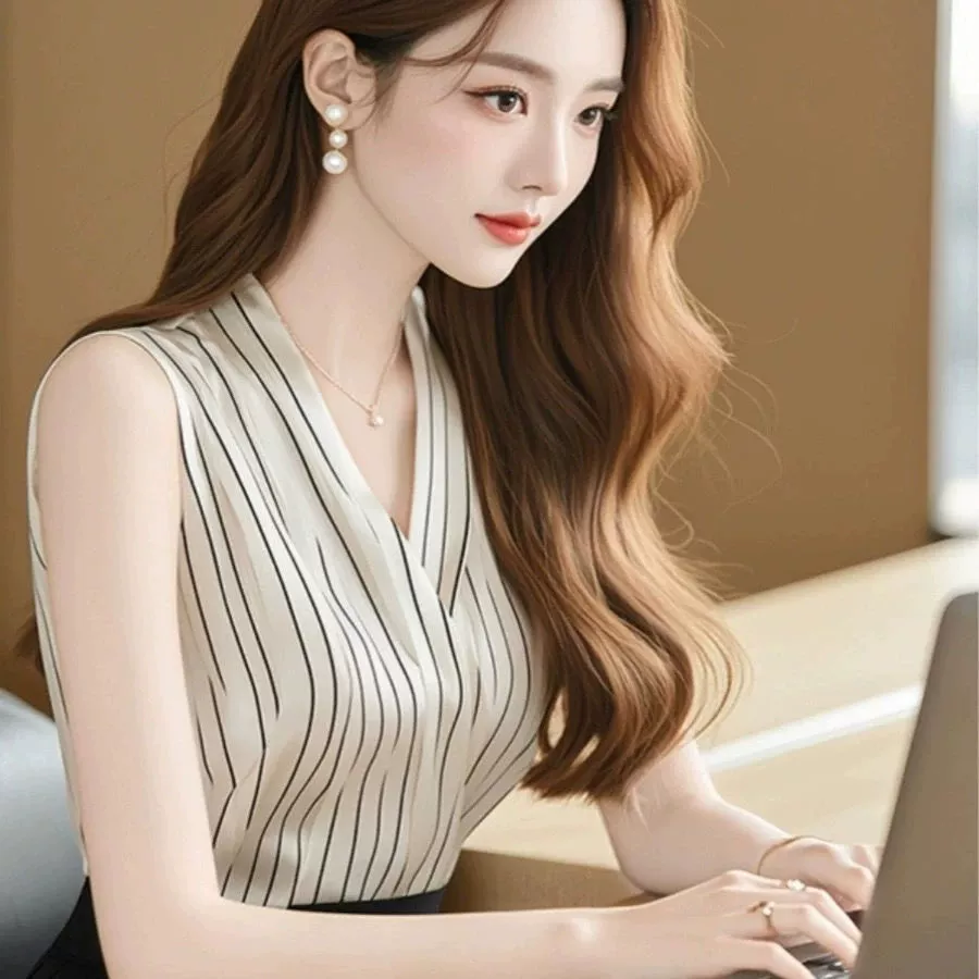 Легкая женская шифоновая рубашка в полоску во французском стиле с уникальным дизайном, нишевый летний топ без рукавов.