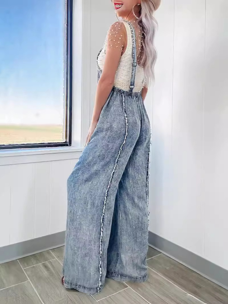 2024 primavera nuevo estilo overoles sueltos mujer europeo y americano retro lavado de pierna ancha mono 16859