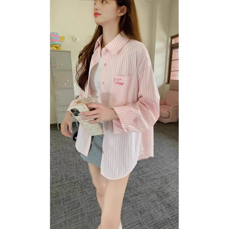 Embroidered Striped Shirt Coat Women's Summer Sun Protection Casual Shirt Loose Mid-length Cardigan All-match Thin Top