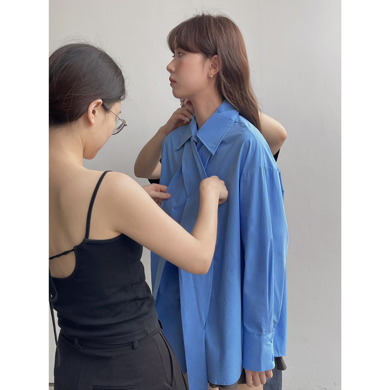 [Look Love Retro Miu Blue] Ge Ming Design Bow Tie Shirt Women's Autumn New Top N113B