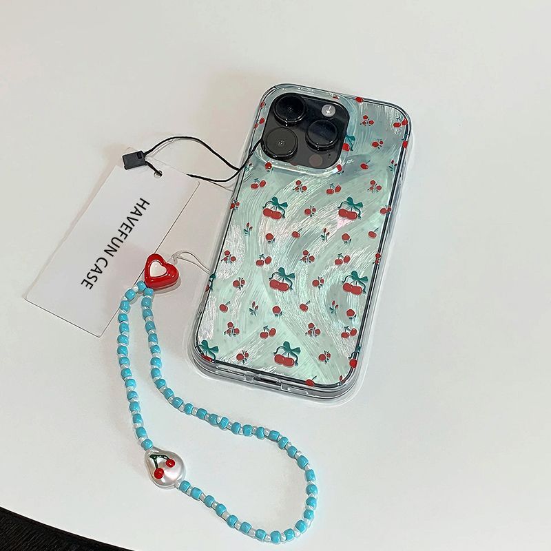 ins薄荷绿樱桃适用苹果16手机壳羽纱iphone15promax保护套14手链|undefined