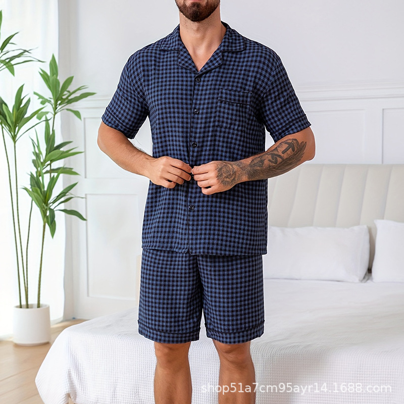 Cross-Border Summer Men's Popular Style Plaid Short-Sleeved Shorts Pajamas Set Home Clothes