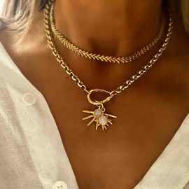 亚马逊简约不规则开口太阳双吊坠粗金项链不掉色新潮个性创意项圈