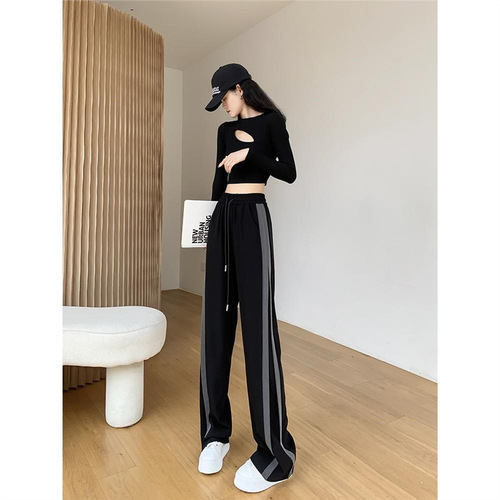 Stylish A-line Sport Trousers for Women, Spring and Autumn, High-Waisted, Slimming, Taller, Straight Leg, Floor-Length