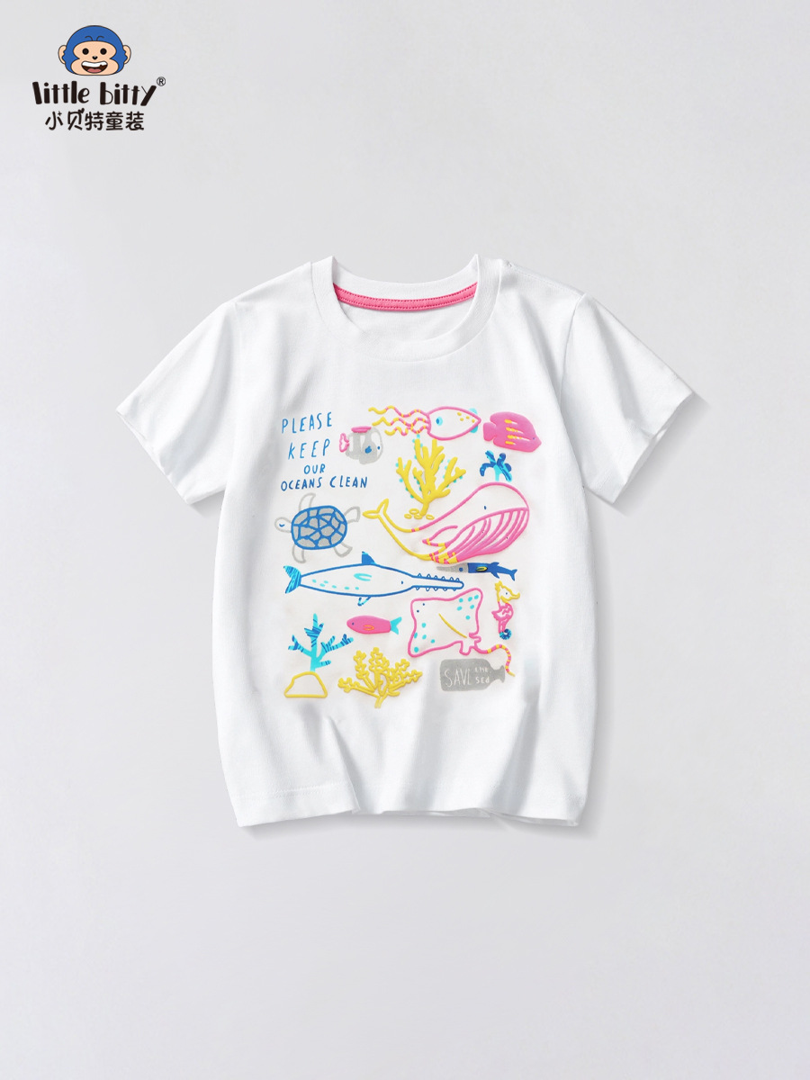 2025 Girls Summer New White Short Sleeve T-Shirt Cartoon Animal Children's Short Sleeve Cute Fashion Small and Medium-Sized Children