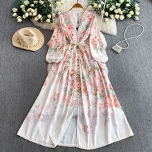 跨境法式度假风仙气雪纺印花蕾丝边V领连衣裙女绑带收腰显瘦长裙