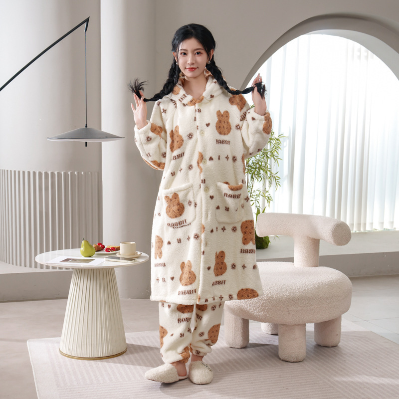 New Style Lamb Wool Coral Fleece Home Wear Hooded Thickened Warm Flannel Winter Long Robe Women's Set