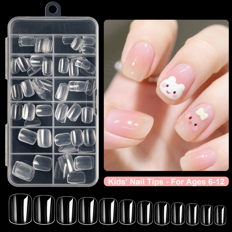 Children's Wearable Nail Tips, 120 Pieces in a Box, Transparent, Seamless, Full Coverage, Short Style, Practice Fake Nails for Kids