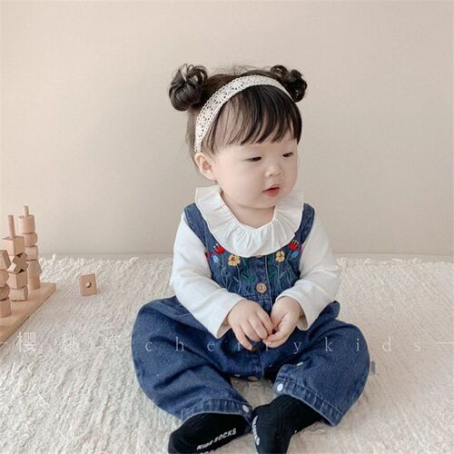 Baby Spring and Autumn Two-Piece Girl's Denim Set Cute and Stylish Outgoing Back Strap Pants One-piece Long Sleeve Hoddie