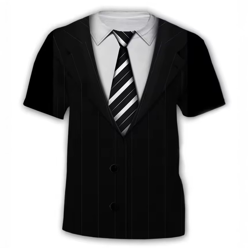 Divertido traje y corbata con estampado 3D para hombre, personalidad de la calle de verano, camiseta suelta y transpirable de manga corta con cuello redondo en stock
