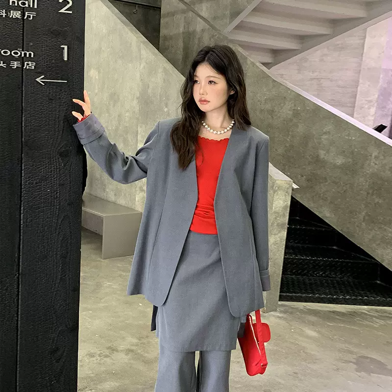 NEIHE内赫纯色V领无扣小西装外套女春秋款简约丝巾西服女装250979