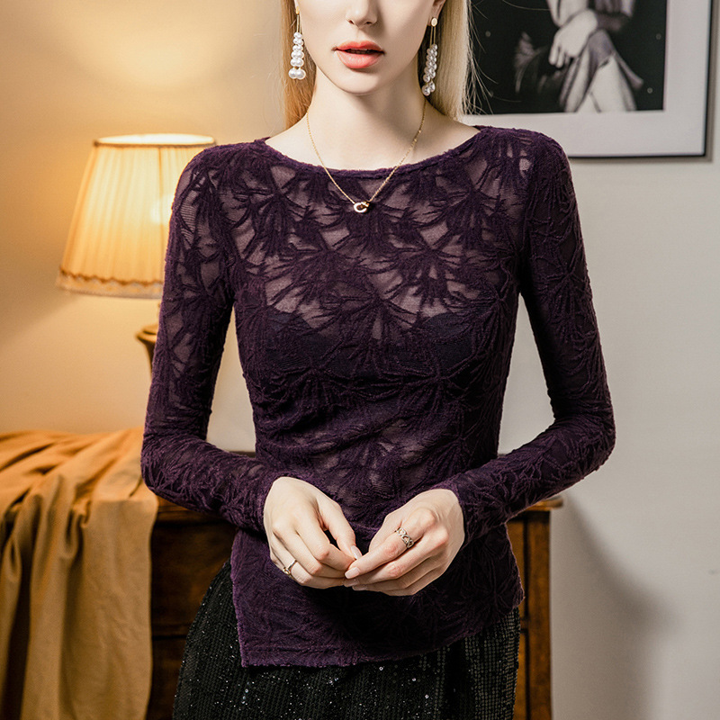 One-Neck Lace Base Shirt Women's Sanding Hollow Out 2024 Autumn New Split Women's Western Style Top Small Shirt