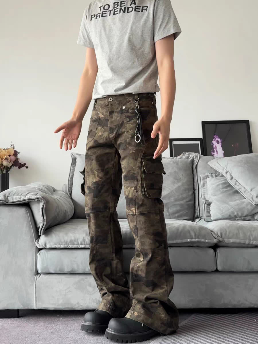Herrenbekleidung Retro-Camo-Cargohose für Männer und Frauen – Slim Fit, mehrere Taschen, Militär-Taktik-Jogginghose mit ausgestelltem Bein_voghion.com