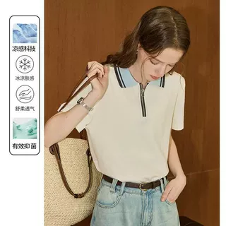 库恩家撞色半拉链短袖T恤女2026夏新款时尚polo领上衣【凉感】