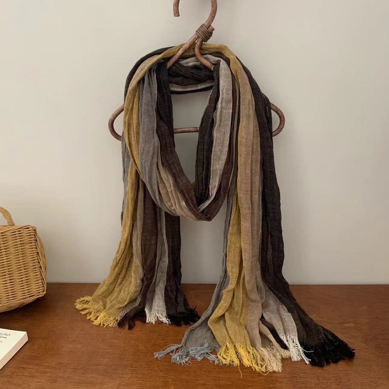 New with cotton linen texture gradient blue autumn and winter scarf versatile print women's long pleated shawl_voghion.com