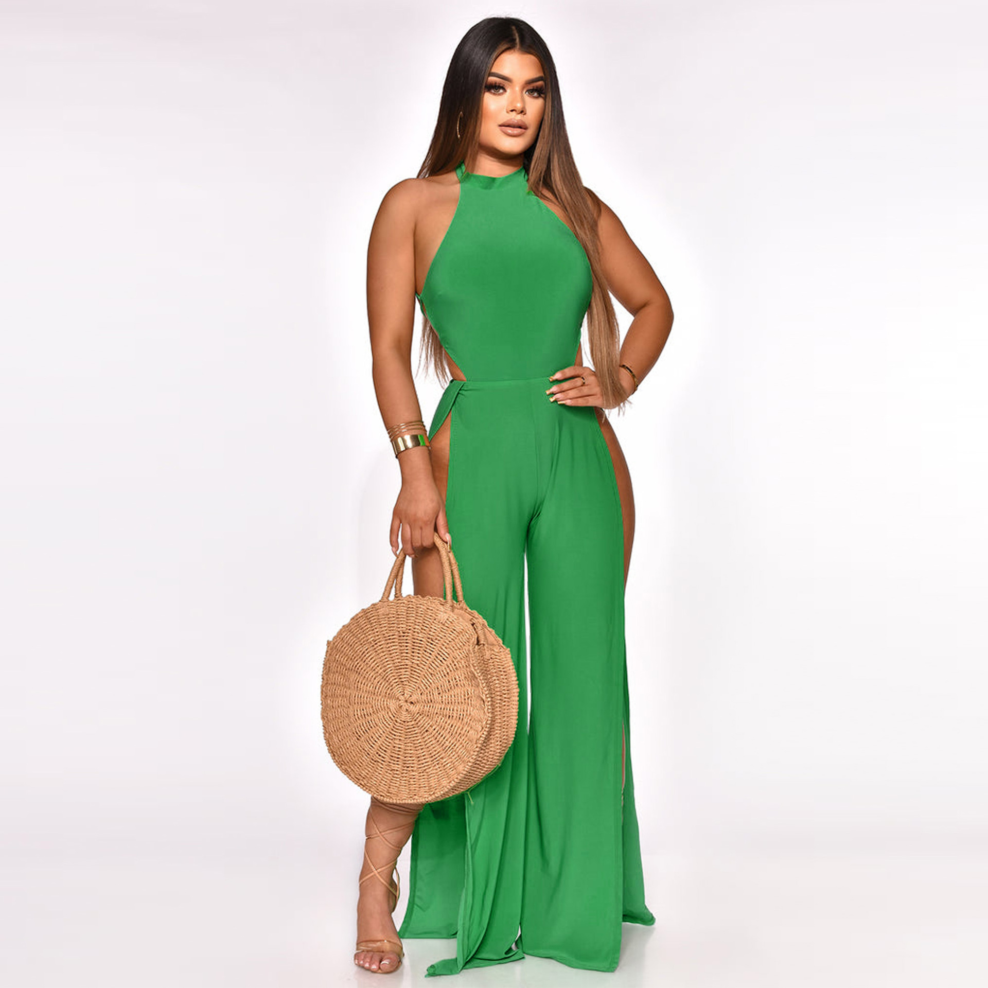 hanging neck backless lace-up slit sleeveless solid color jumpsuit NSHBG122585