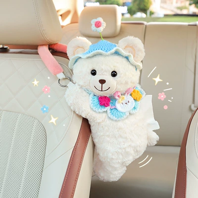 tissue holder, hanging high-end Car tissue box/set - blue-floral-hat-white-bear-upgraded-spacesmooth-tissue-dispensing