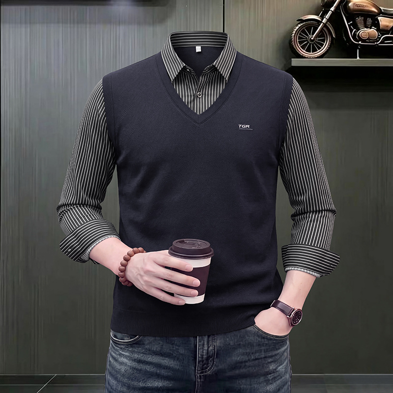 Men's Faux Two-Piece Wool T-Shirt, Fall 2026 New Style, Shirt Collar Base Shirt, Business Trendy Striped Turn-Down Collar Top