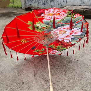Peony Dance Umbrella, Ancient Costume, Han Dynasty, Oil-Paper Umbrella, Silk Cloth, Photography Catwalk Props, Streamers and Tassels