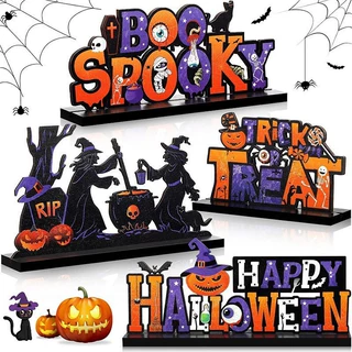 跨境万圣节快乐木制餐桌摆件Trick or Treat Boo幽灵标志南瓜女巫