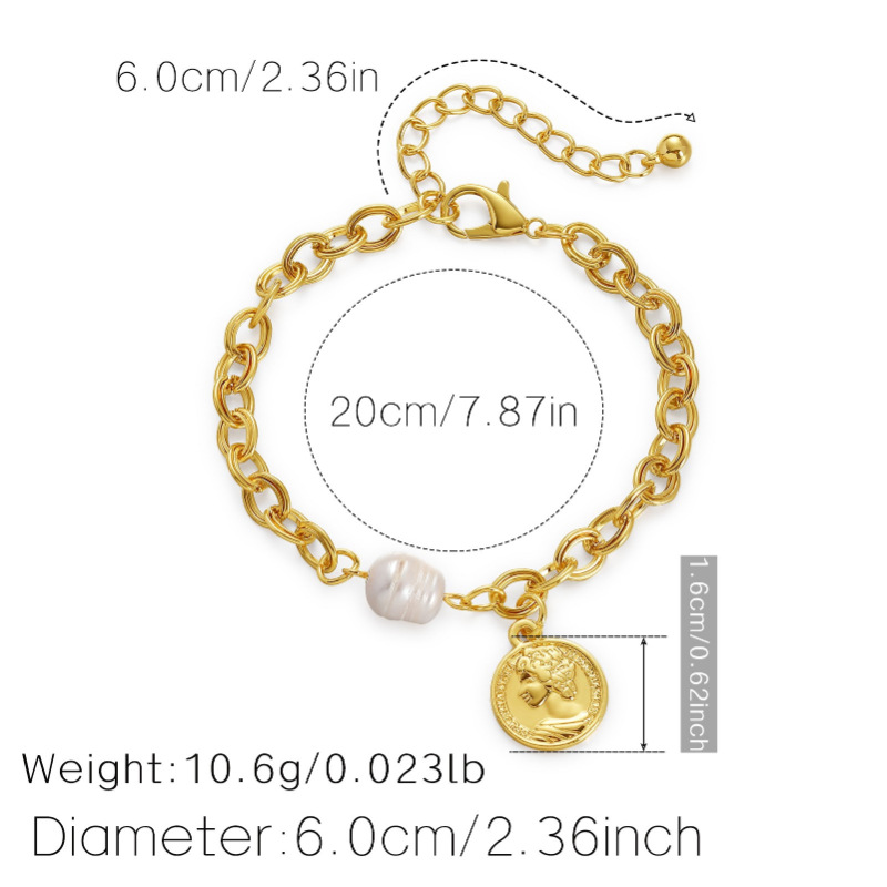 European And American Independent Station Hot Selling Pearl Bracelet Female Wholesale Adjustable Neutral Chain Retro Head Coin Bracelet display picture 1