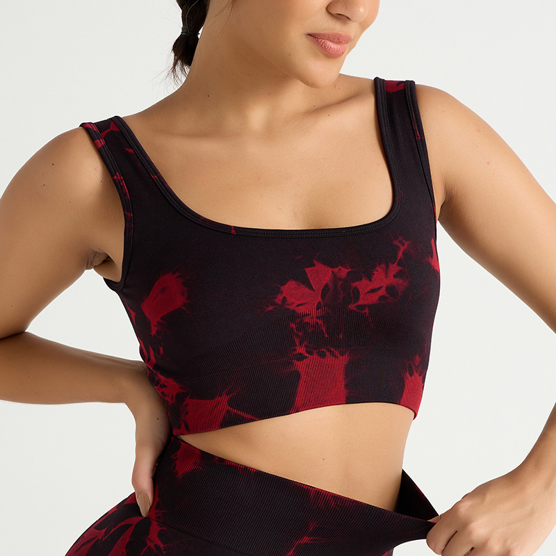 Nuevo traje de yoga de secado rápido de cadera deportivo de cintura alta sin costuras europeo y americano de tres piezas pantalones de yoga de teñido ajustado para mujer