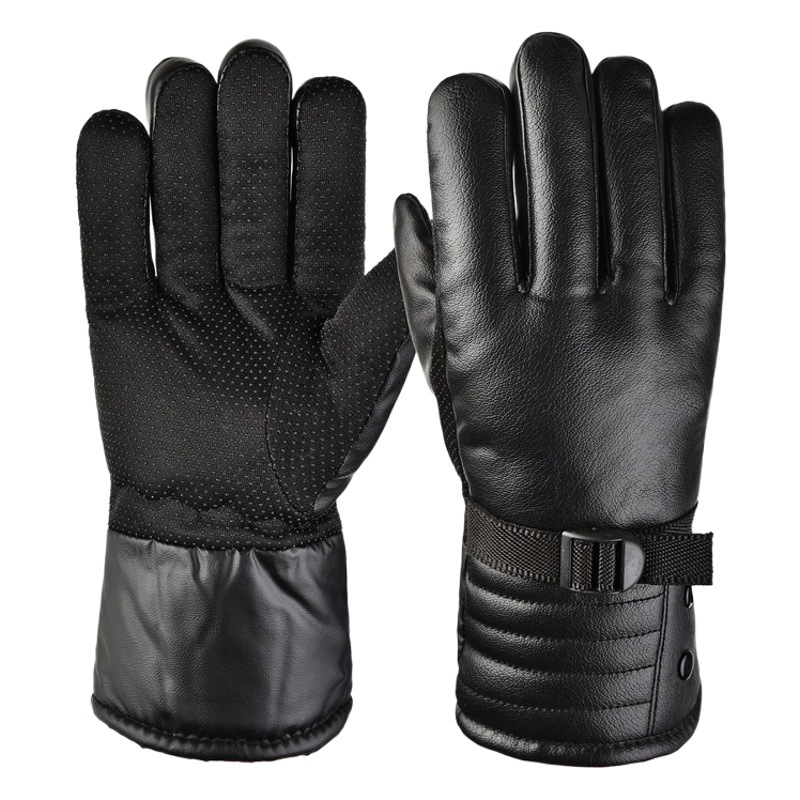 Winter Warm Leather Gloves, Windproof, Non-Slip, Water-Repellent, Men's Gloves with Fleece Lining, Enlarged for Outdoor Cycling, Featuring National Style Embroidery