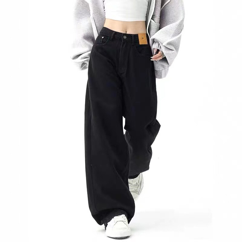 American-style simple black all-match loose straight wide-leg pants women's black jeans casual retro mopping pants