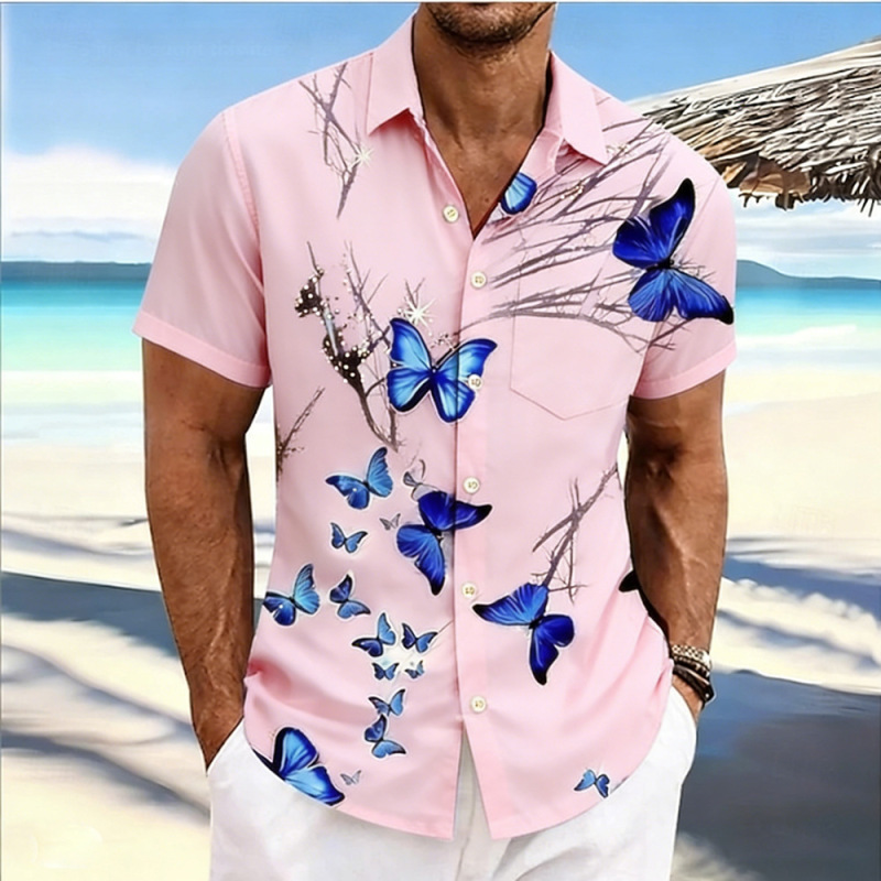 Men's new spring short-sleeve shirt - striped and checkered pattern, natural high-definition print style, suitable for travel