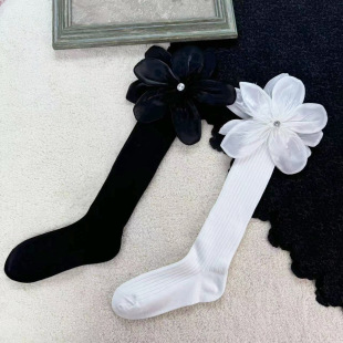 Lace Mid-Tube Socks Girl's Bow Socks Piled Socks Feather Rhinestone Large Flower Fashionable Socks Vertical Shallow Socks