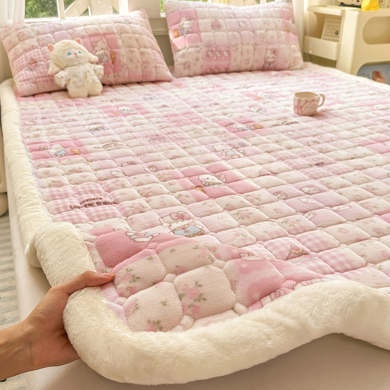 Thickened cartoon milk velvet mattress cover, quilted bed sheet, coral fleece bed protector, fleece-lined bed pad, soft cushion
