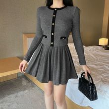 欧韩女装新款韩版小香风针织套装长袖上衣高腰显瘦百褶短裙两件套
