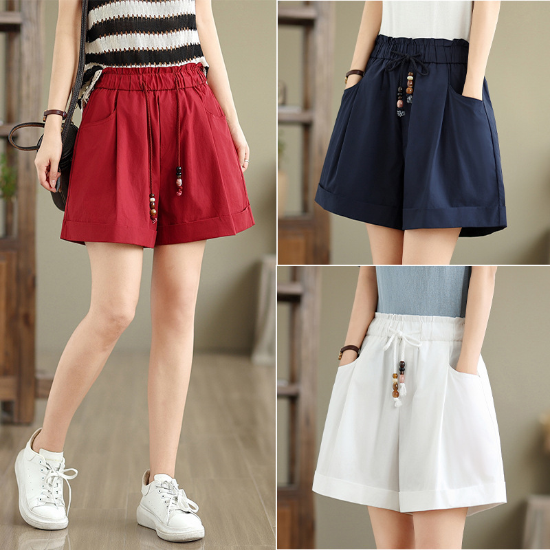 Summer New Casual Pants with Floral Waistband, Shorts for Petite Women, Solid Color, High-Waisted, Loose Fit, Thin Five-Point Pants for Women