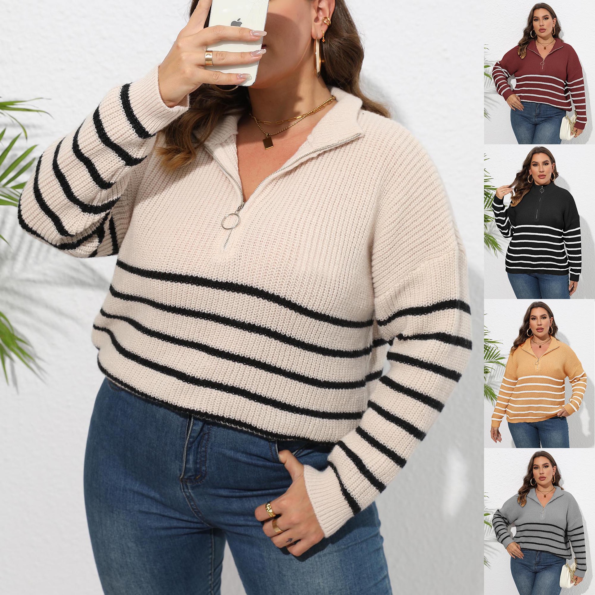 New Style Women's Sweater Cross-Border European and American Plus-Size Women's Knit Striped Patchwork High-Neck Zip-Up Loose Woven Sweater