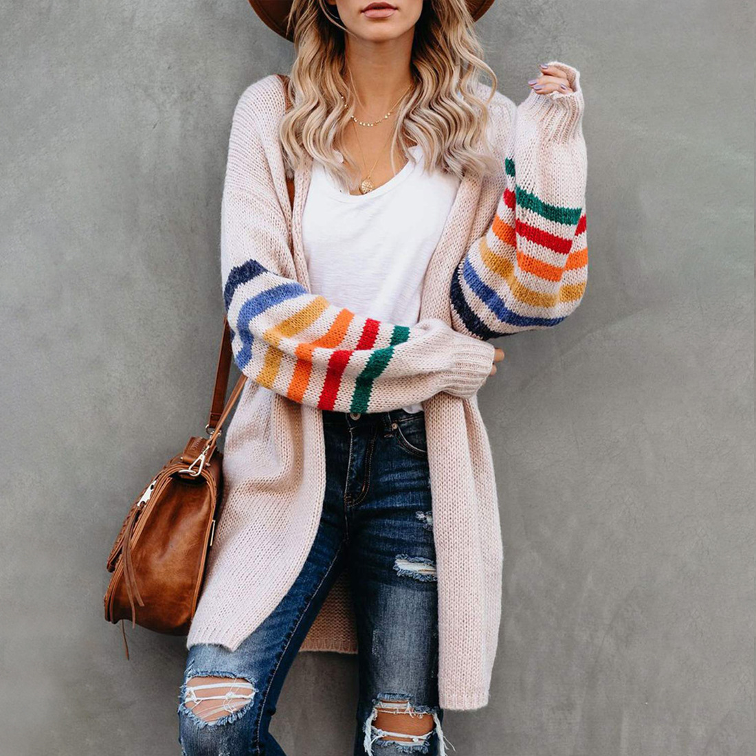 Mid-Length Striped Loose Knit Cardigan NSPZN105148