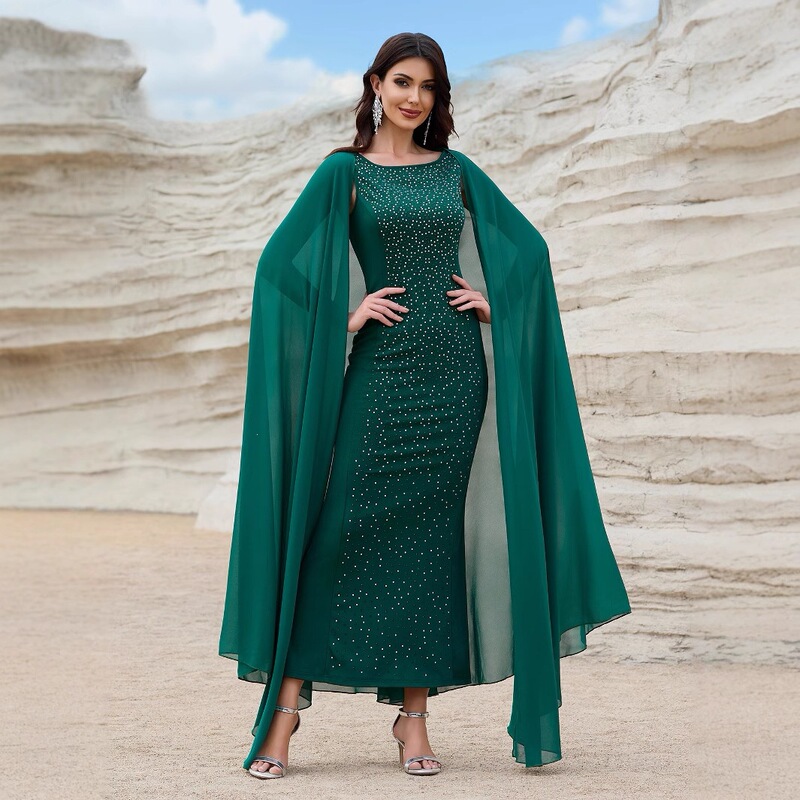 Improved Version of Women's Elegant Evening Gown with Rhinestone Cape Sleeves - Cjn20055