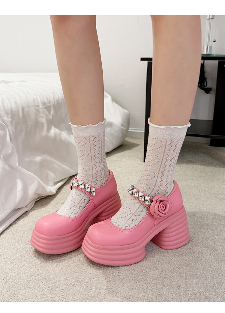 Giày sandal cao gót nữ quai ngang đế dày gót 9 cm đính hoa pha lê — màu đen, màu hồng, màu trắng ngà chi tiết 12