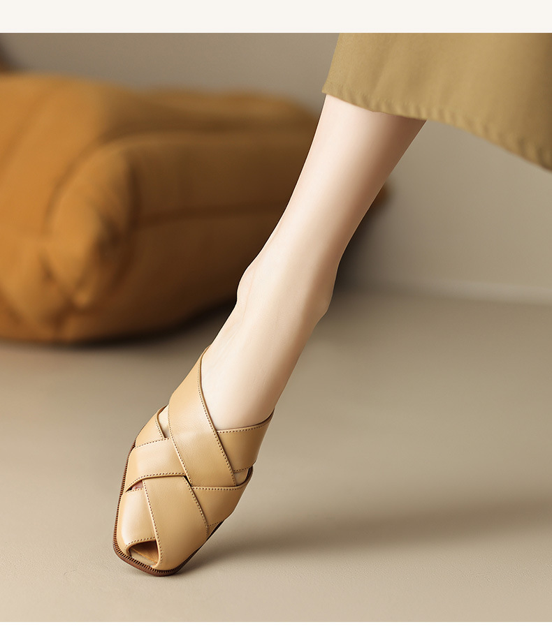 Dép sandal nữ mũi nhọn đế bệt da cừu dệt mùa hè — Màu trắng be chi tiết 2