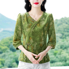 新款2025夏季复古国风短袖翻领印花宽松显瘦修身大码打底上衣女